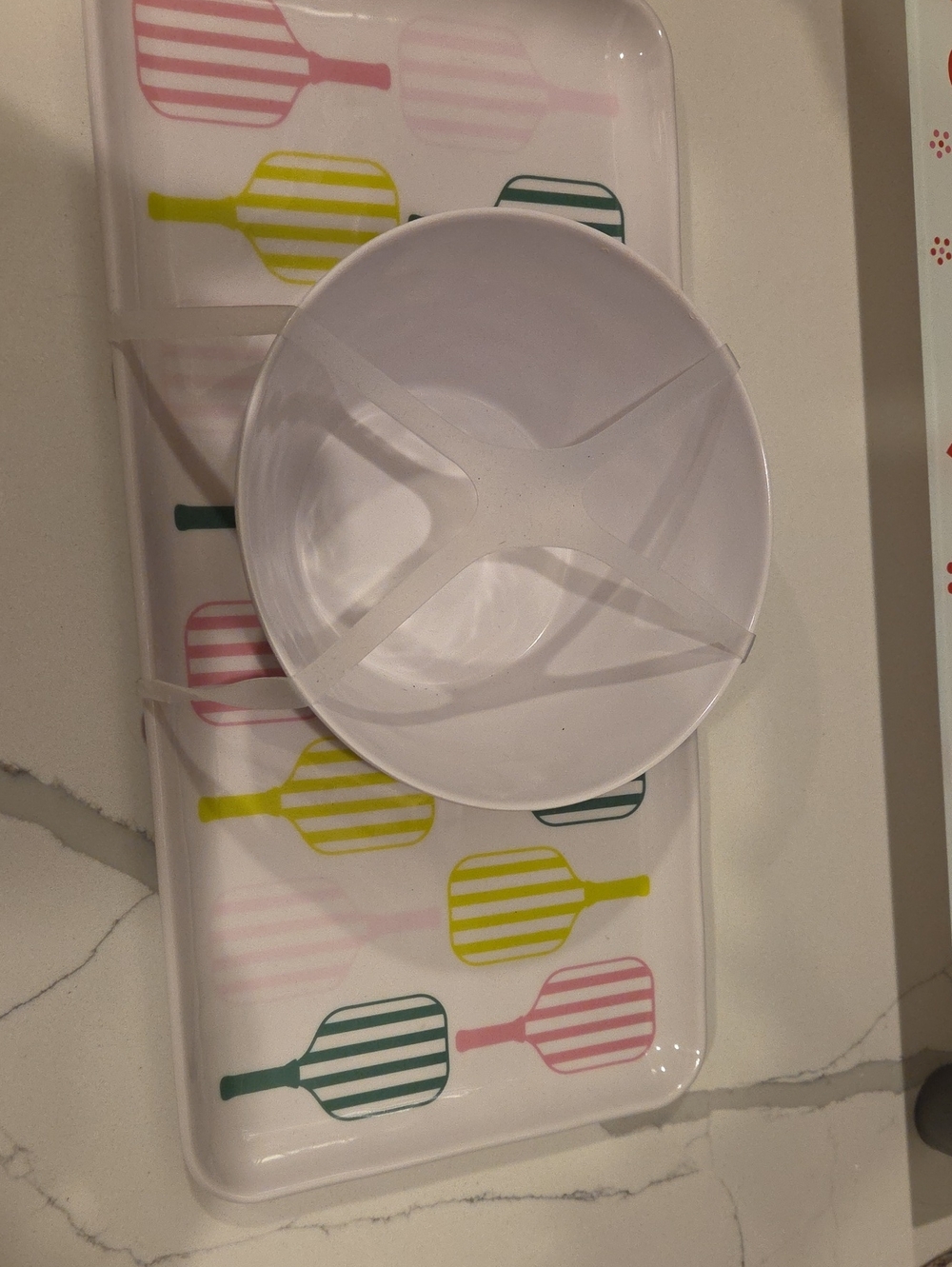 White Plastic Snack Server with Multicolor Paddle Tray